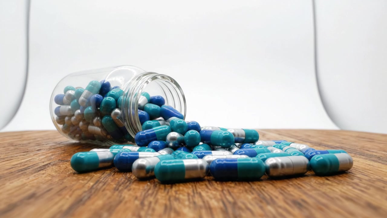 Colorful Capsules Spilled from a Glass Bottle on a Wooden Surface, Showcasing Various Shapes and Patterns in a Close-Up Perspective
