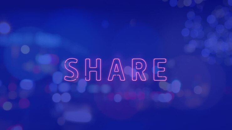Animation of share neon text banner against night city traffic