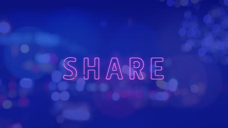 animation of share neon text banner against night city traffic