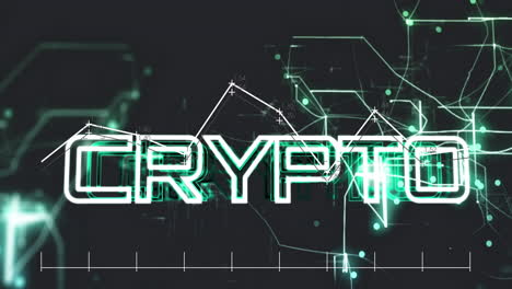animación del procesamiento de datos sobre banner de texto criptográfico y senderos de luz contra fondo negro