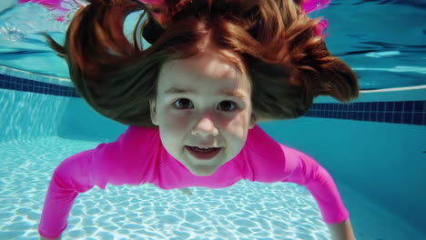 una joven nadando bajo el agua en una piscina