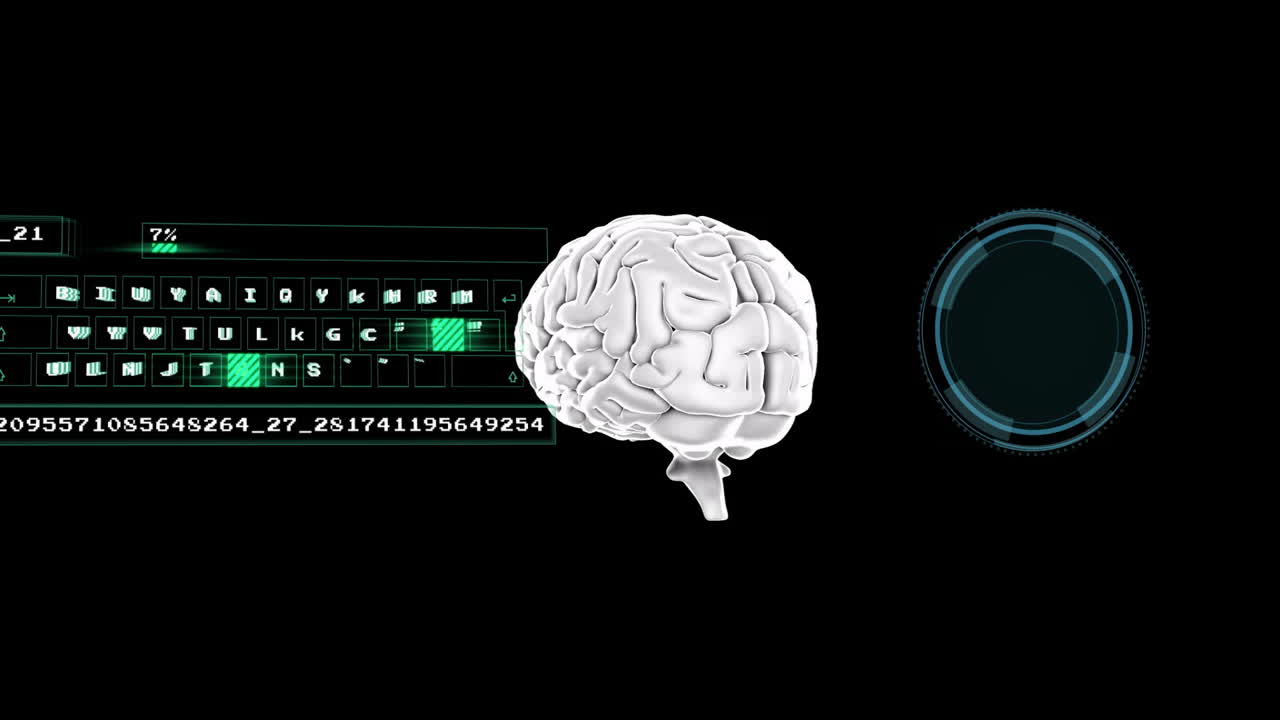 Animation of data processing with digital brain and cyber security text on black background