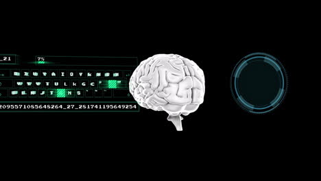 animación del procesamiento de datos con cerebro digital y texto de seguridad cibernética en fondo negro