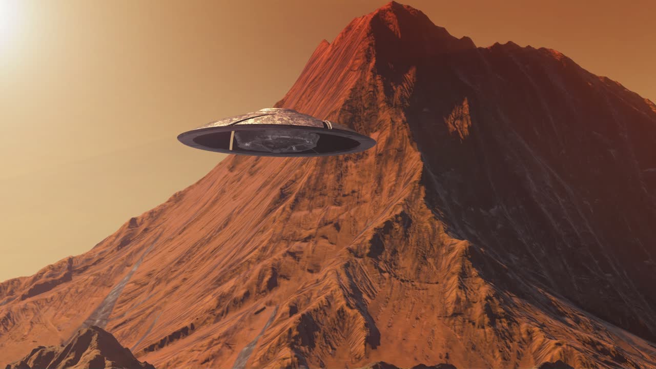 Ufo alien saucer flying over planet mars mountains