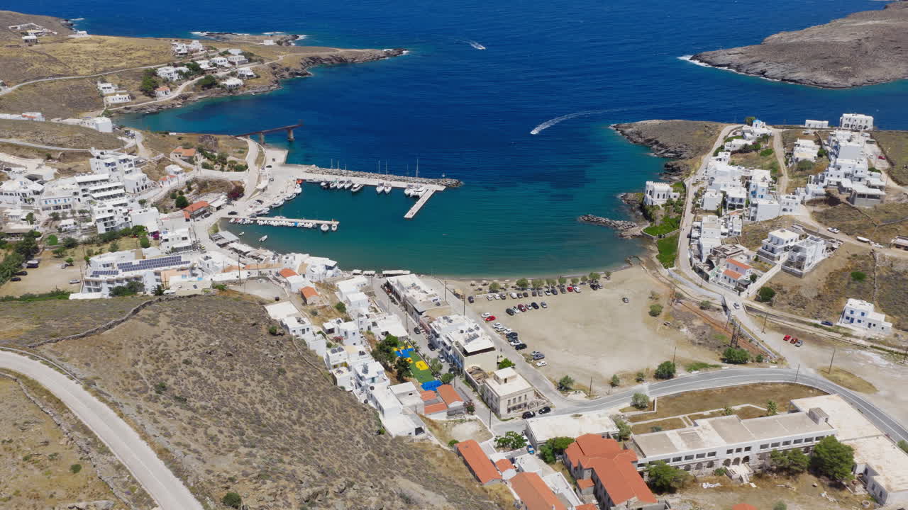 Aerial video of Loutra, the picturesque harbor village on Kythnos island, surrounded by clear blue sea