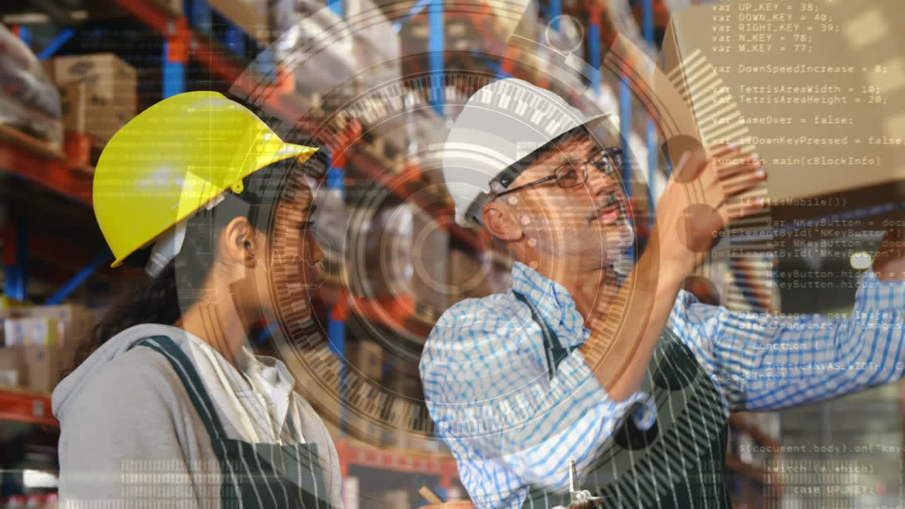 animación de escaneo de alcance y procesamiento de datos sobre hombre y mujer que trabajan en el almacén