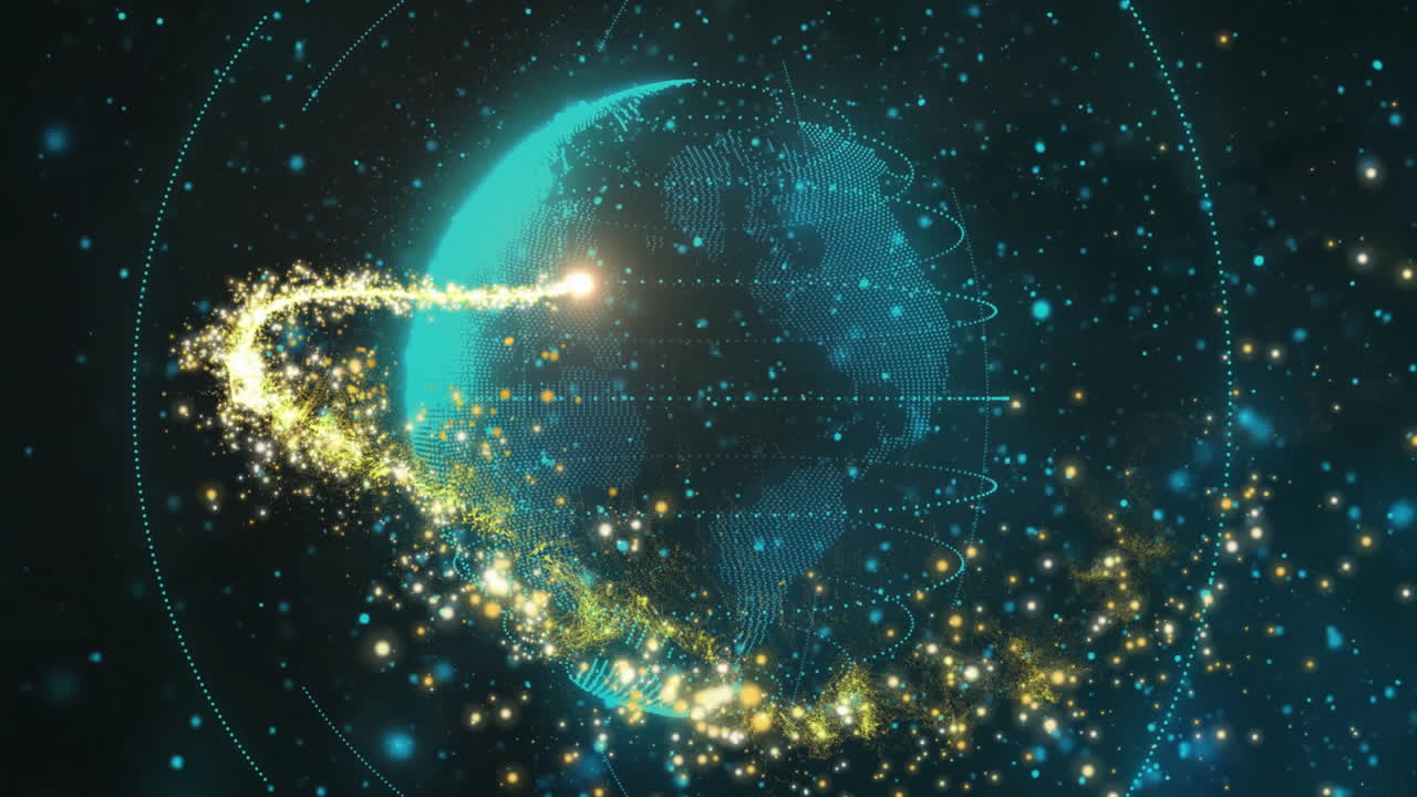 Glowing particles orbiting Earth, data network animation over space background
