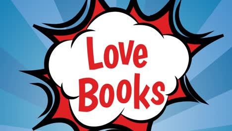 animation of love books text over blue background