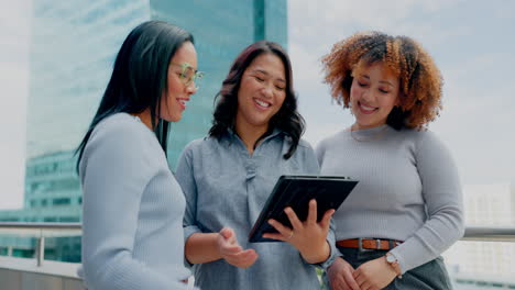 tablet, balcony teamwork or diversity women review