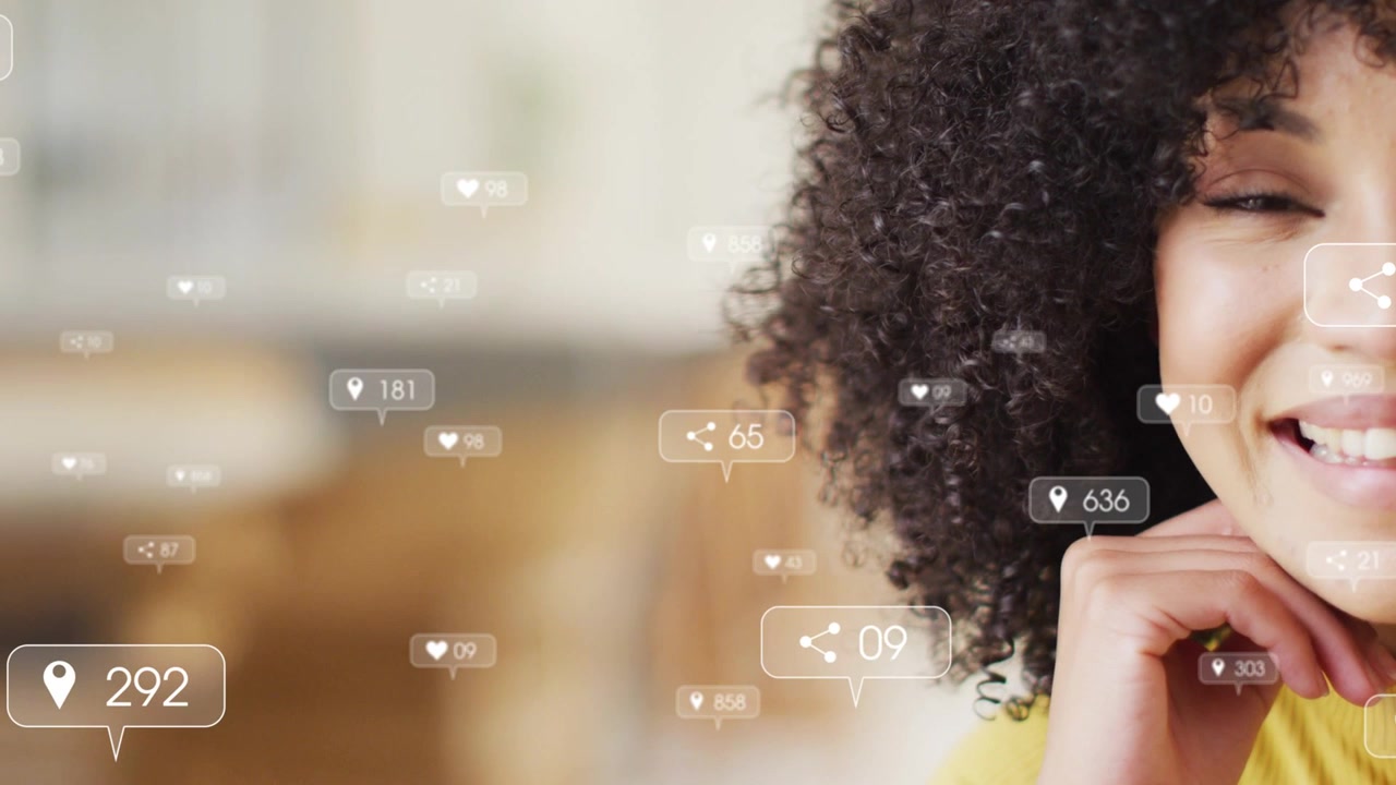 Social media creator supporting chin while likes rising, animated badges floating overlapping chin