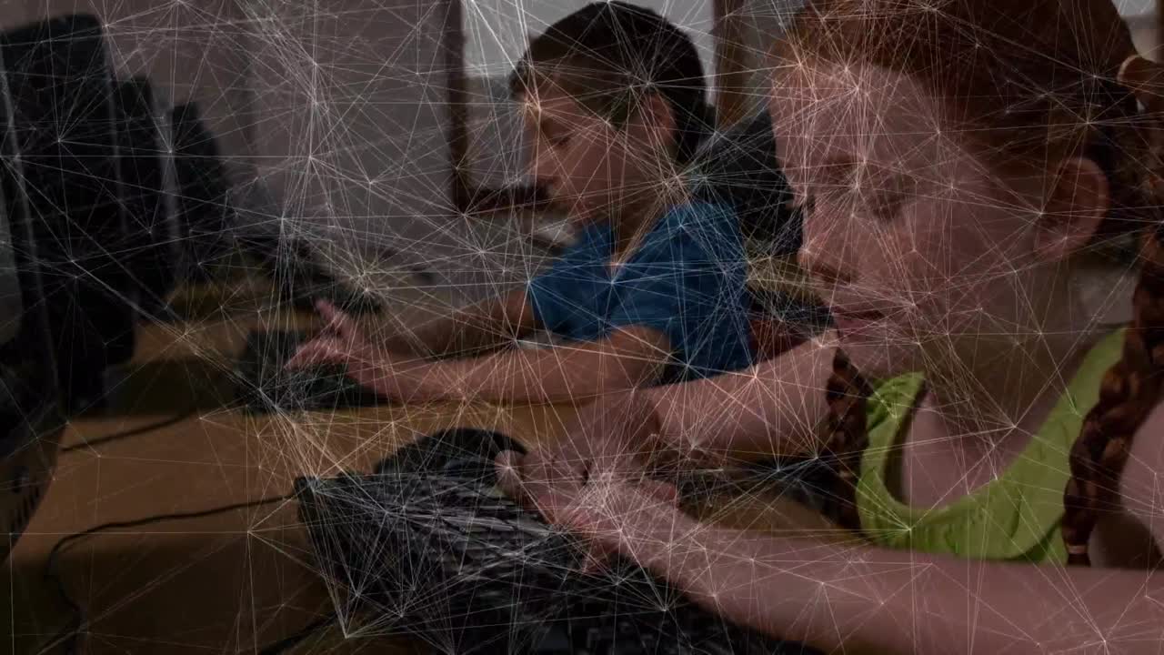 Animation of network of connections over diverse male and female colleague using laptop