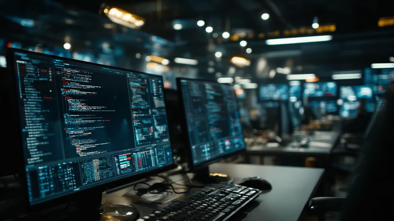 A High-Tech Control Room Filled with Advanced Monitors Displaying Code and Data, Illuminated by Ambient Lighting, Perfect for Cybersecurity and Programming Activities