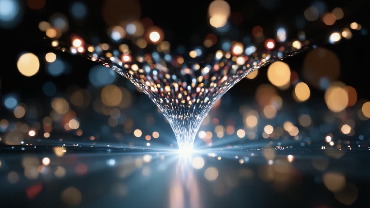 Un vortice etereo di particelle luminose ruota a spirale verso l'interno, creando un'illusione ipnotica di profondità ed energia, catturando l'attenzione di chi guarda con la sua incantevole luminosità.