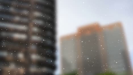 Animation-of-snow-falling-over-out-of-focus-cityscape-in-background