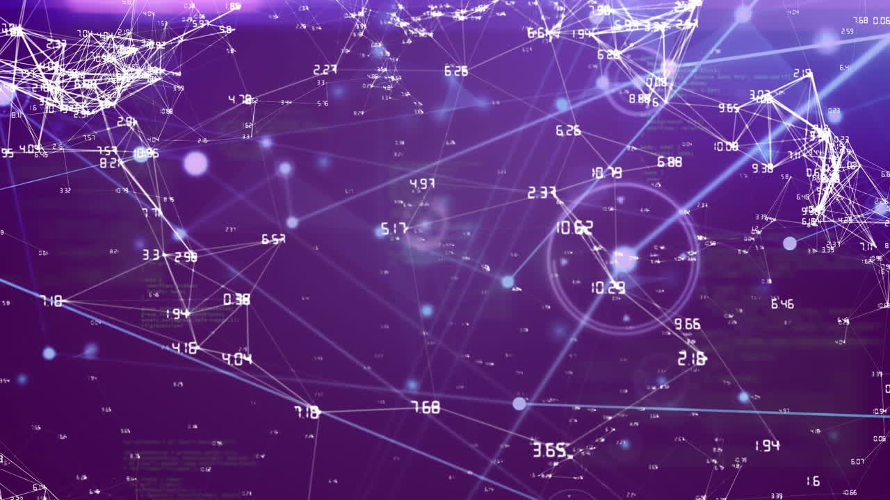animación de la red de conexiones con nodos azules y procesamiento de datos