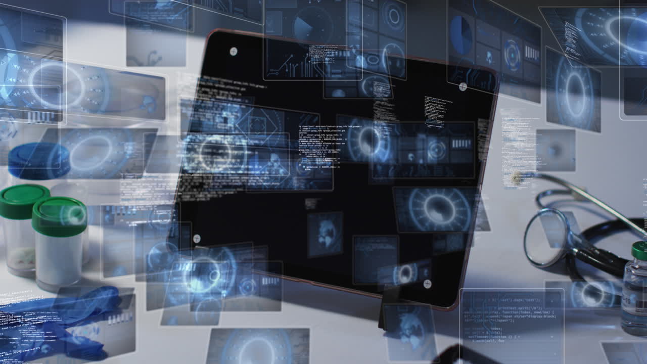 Animation of scientific data processing over screens, laptop and stethoscope