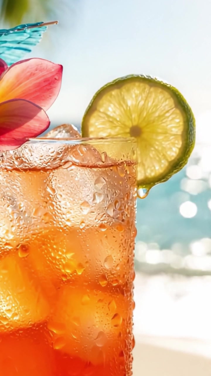 Bevanda tropicale rinfrescante con guarnizione vivace, cubetti di ghiaccio e fetta di agrumi, perfetta per rilassarsi in spiaggia in una giornata di sole.