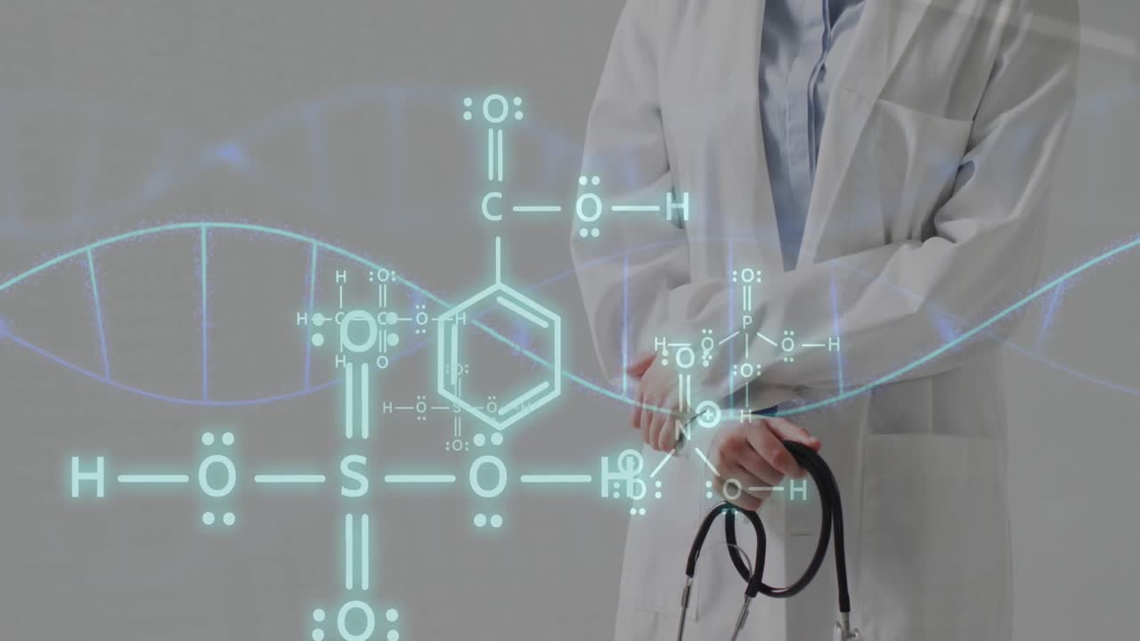 스테토스코프를 가진 백인 여성 의사에 대한 화학 구조의 애니메이션