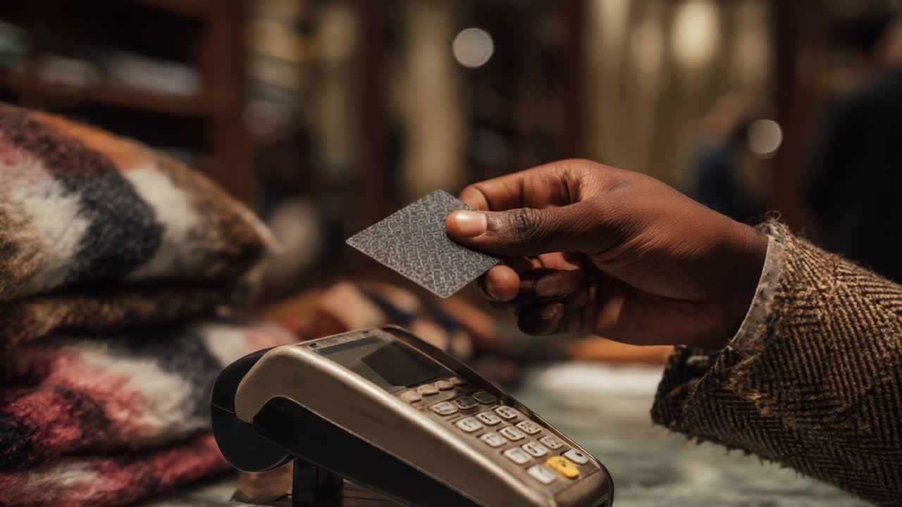 A Close-Up of a Hand Preparing to Use a Payment Card on a Card Reader at a Stylish Store Check-Out Counter Surrounded by Soft, Cozy Blankets, Capturing a Modern Shopping Experience