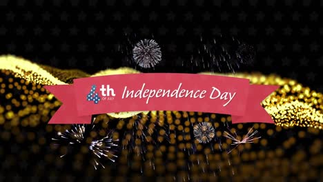 animation of text 4th independence day on red banner, over moving gold landscape on black background