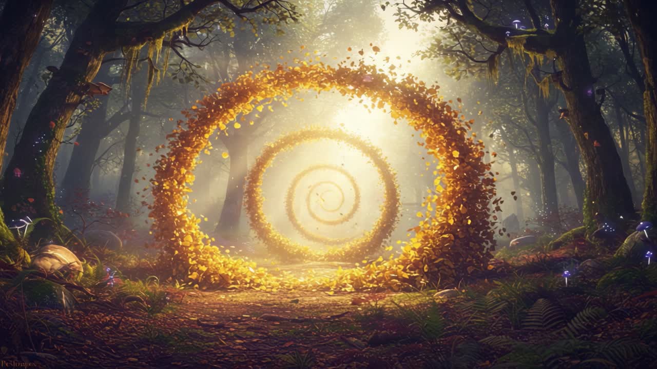 A Magical Forest Portal Surrounded by Spiraling Leaves and Bathed in Ethereal Light, Inviting Exploration into a Mystical World of Enchantment and Wonder