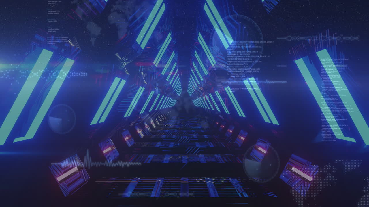 디지털 터널을 통한 데이터 처리의 애니메이션