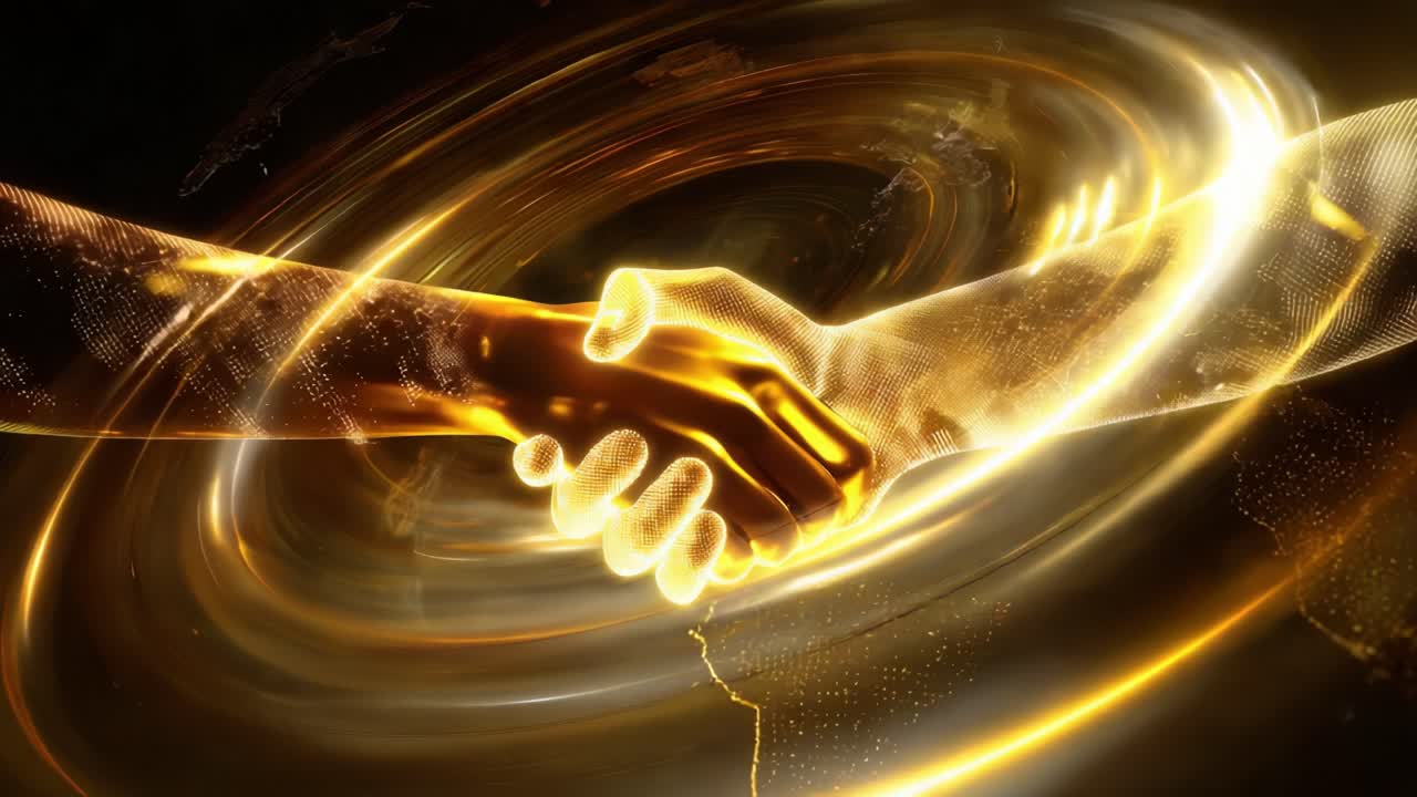 Glowing golden digital handshake animation against a backdrop of the world map and swirling light streaks, representing a successful global business agreement, cooperation, and future technology