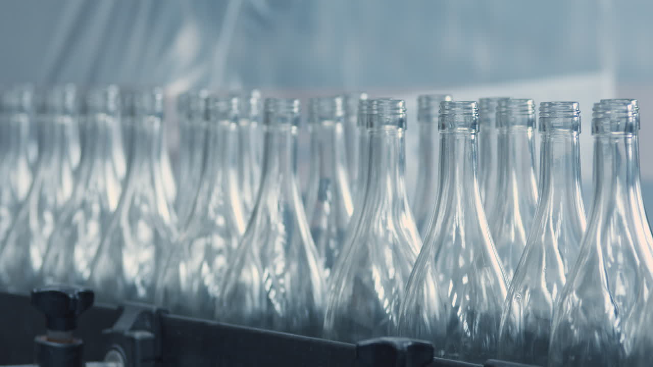 Medium shot of an industrial production line with glass bottles in a row, ready for the filling process.