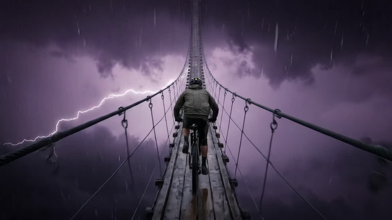 Cyklista jede na kole po dlouhém visutém mostě během bouře s blesky