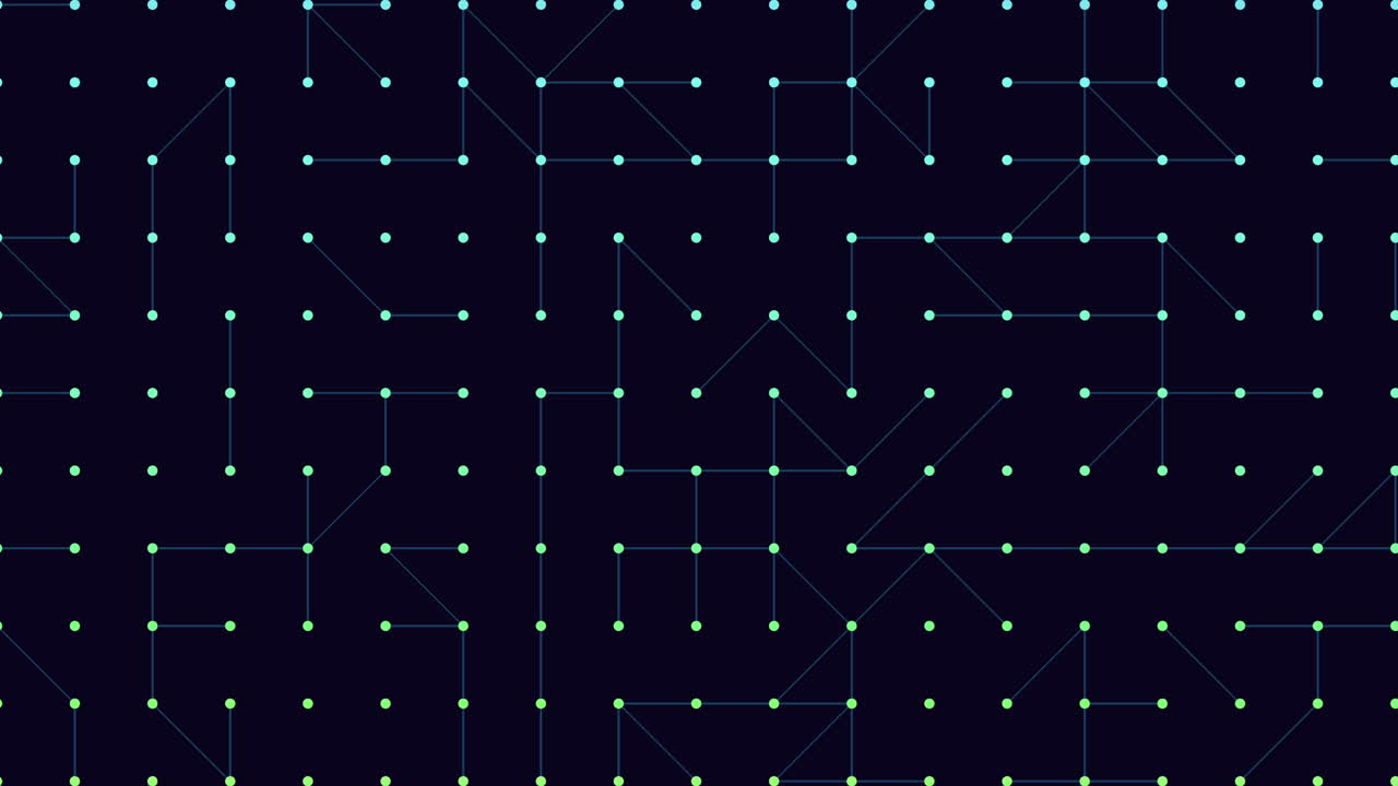 Symmetrical grid of colored lines and dots on a black background