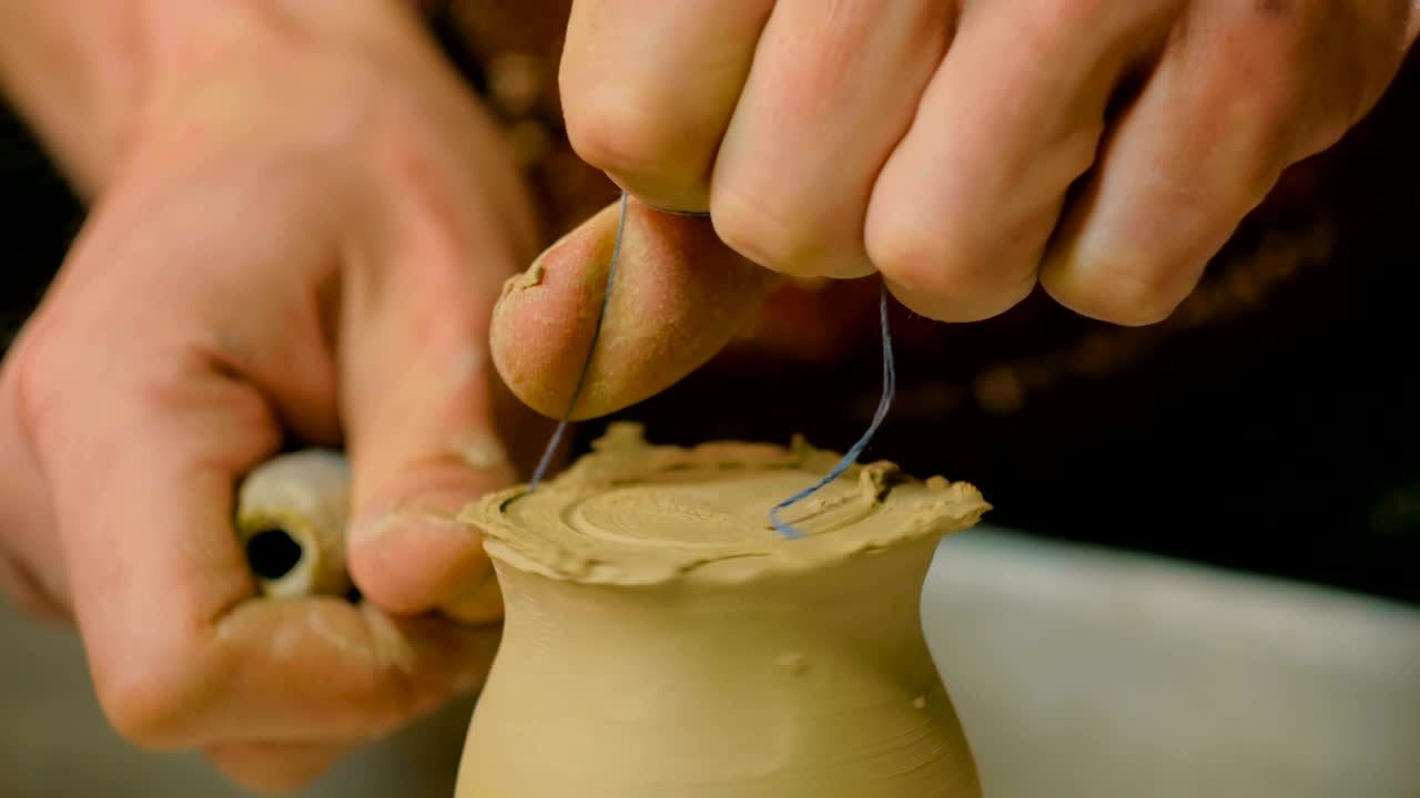 Professional potter shaping mug with special tool in pottery workshop