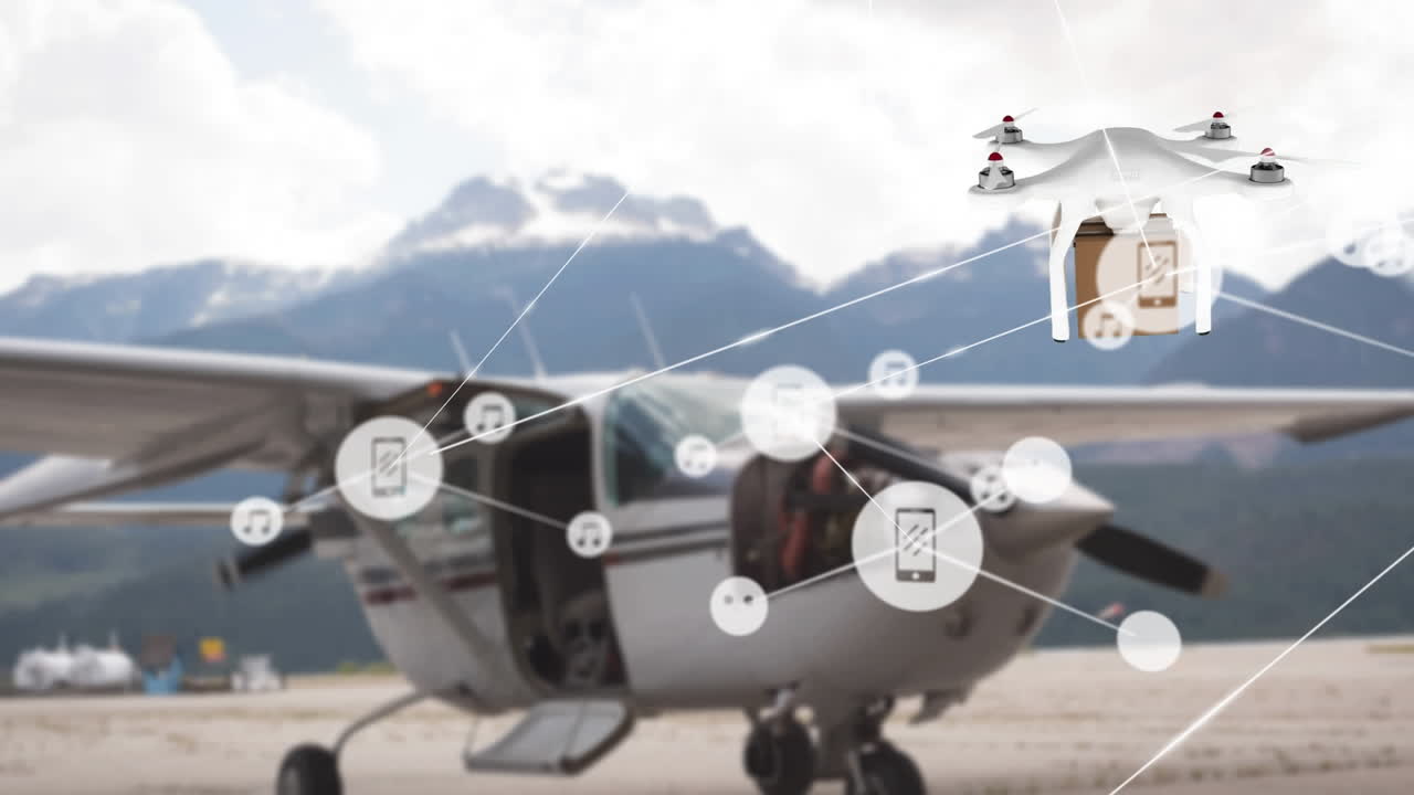 패키지와 함께 배달 드론을 통해 아이콘과 연결 네트워크의 애니메이션