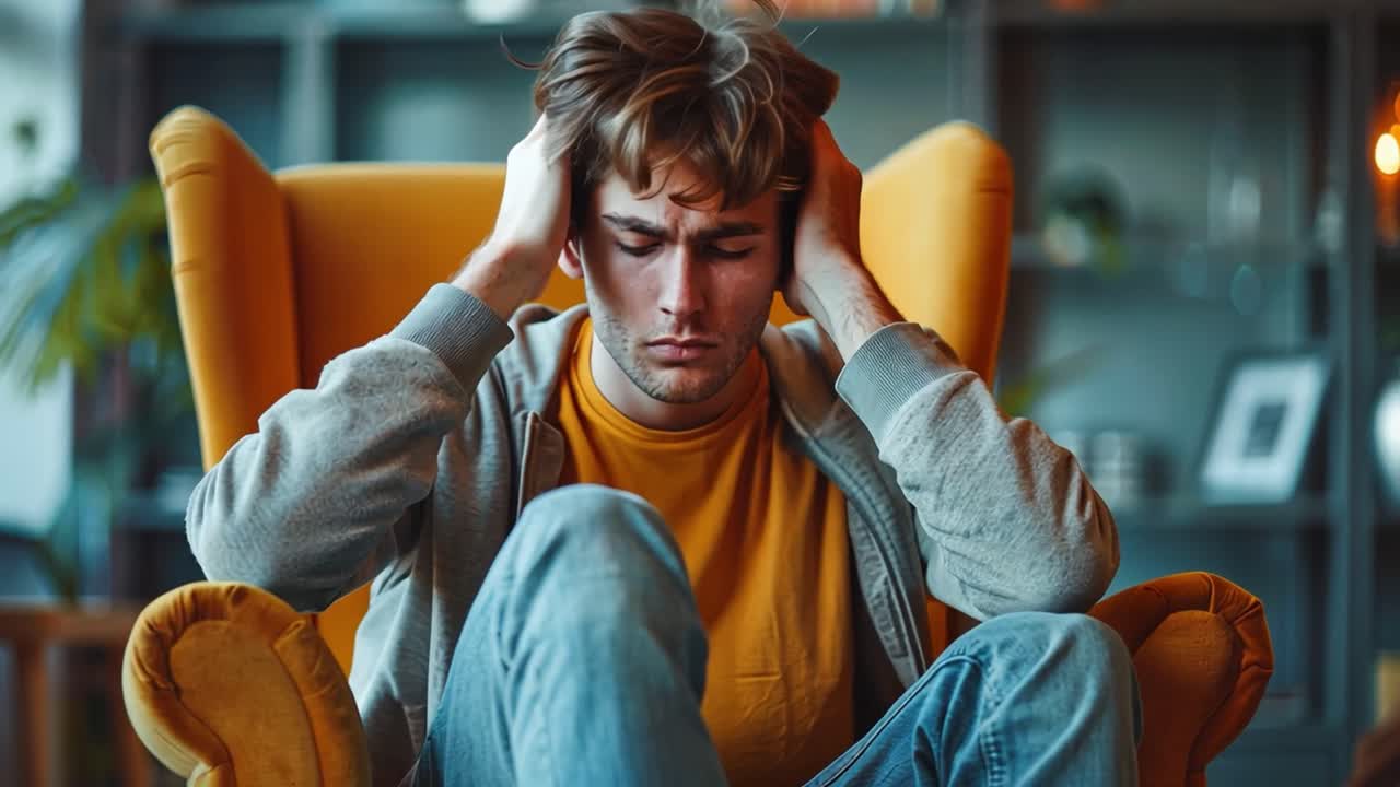 Young man sitting in an armchair, appearing stressed or sad