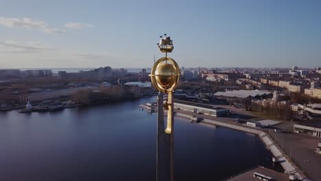 symbol of sailing boat on top of a port aerial view on a city panorama, saint-petersburg russia