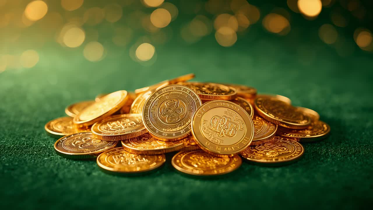 Pushing camera, lights shifting, gold coins rotating revealing embossed designs on green felt table