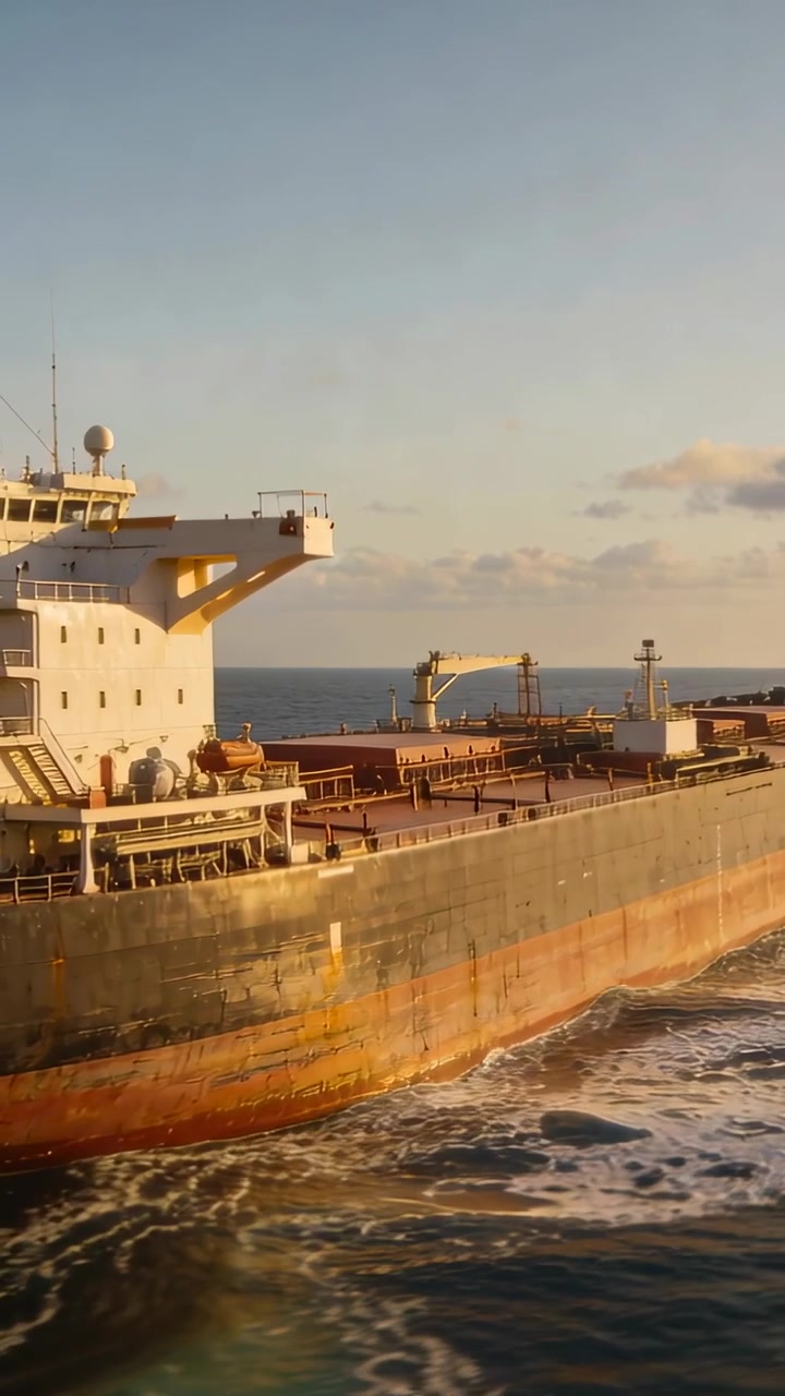Vertical video: Panning shot showing bulk carrier transporting cargo through sea with bridge