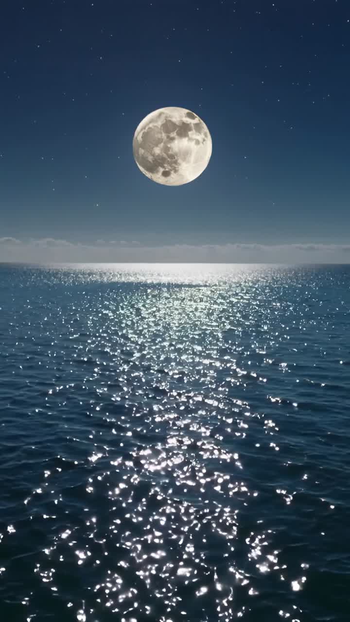 Vertikales Video: Glitzernder Vollmond wirft Mondscheinpfad auf ruhiges Meer, Brise kräuselt Wellen