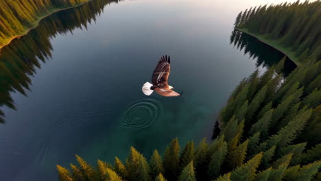 bald eagle soaring above a serene mountain lake