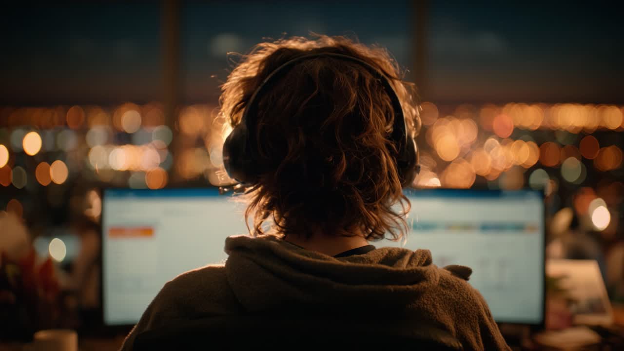 A Focused Individual in Headphones Engaged with Multiple Computer Screens Amidst a Sparkling Cityscape at Night, Illuminated by Distant City Lights and Soft Bokeh