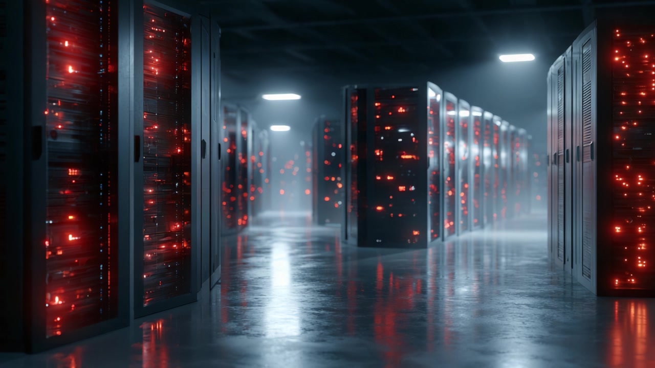 A Glimpse into a High-Tech Data Center: Illuminated Server Racks Streaming with Red Light in a Futuristic Environment, Showcasing Advanced Technology and Innovation.