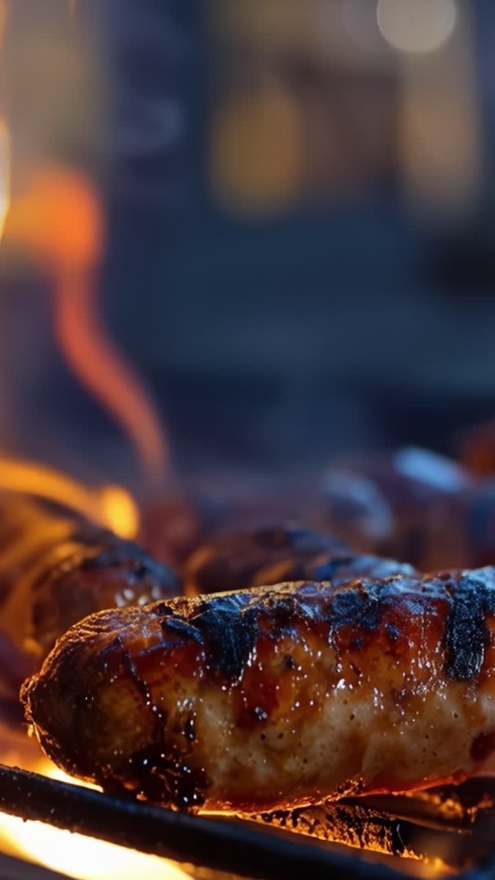 Salsicce grigliate deliziose su fiamme intense, con aroma affumicato, catturate in dettagli mozzafiato. Perfette per gli amanti del barbecue e gli appassionati di cucina casalinga.