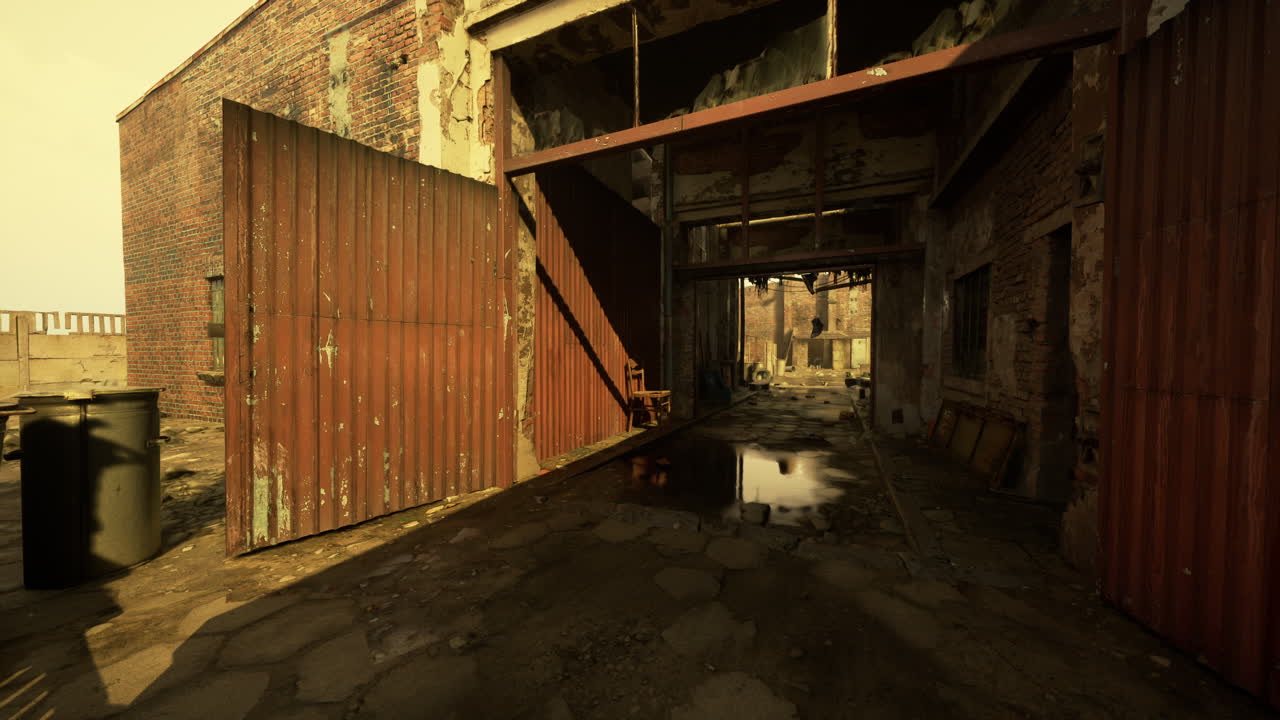 녹은 문 을 가진 버려진 벽돌 건물