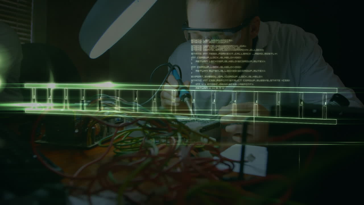 animazione dell'elaborazione dei dati su un ingegnere maschio caucasico che costruisce un robot