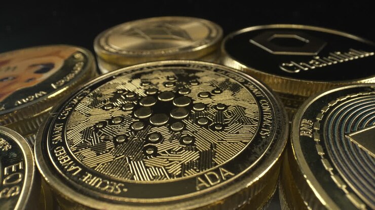 Moneta Cardano ADA dorata che ruota su una pila di criptovalute su sfondo nero, mercato delle criptovalute, diverse criptovalute, ripresa in 4K