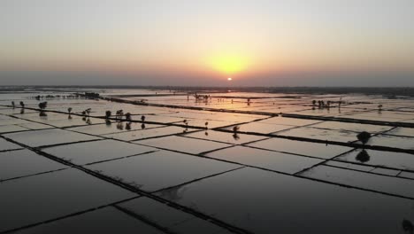 Aerial-Flyover-Flooded-Fields-During-Epic-Sunset-In-Sindh,-Pakistan