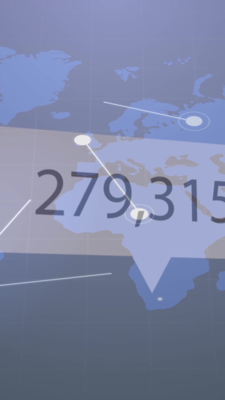 Animazione di icona 'mi piace' con 'mi piace' in aumento su rete di connessioni sopra una mappa del mondo