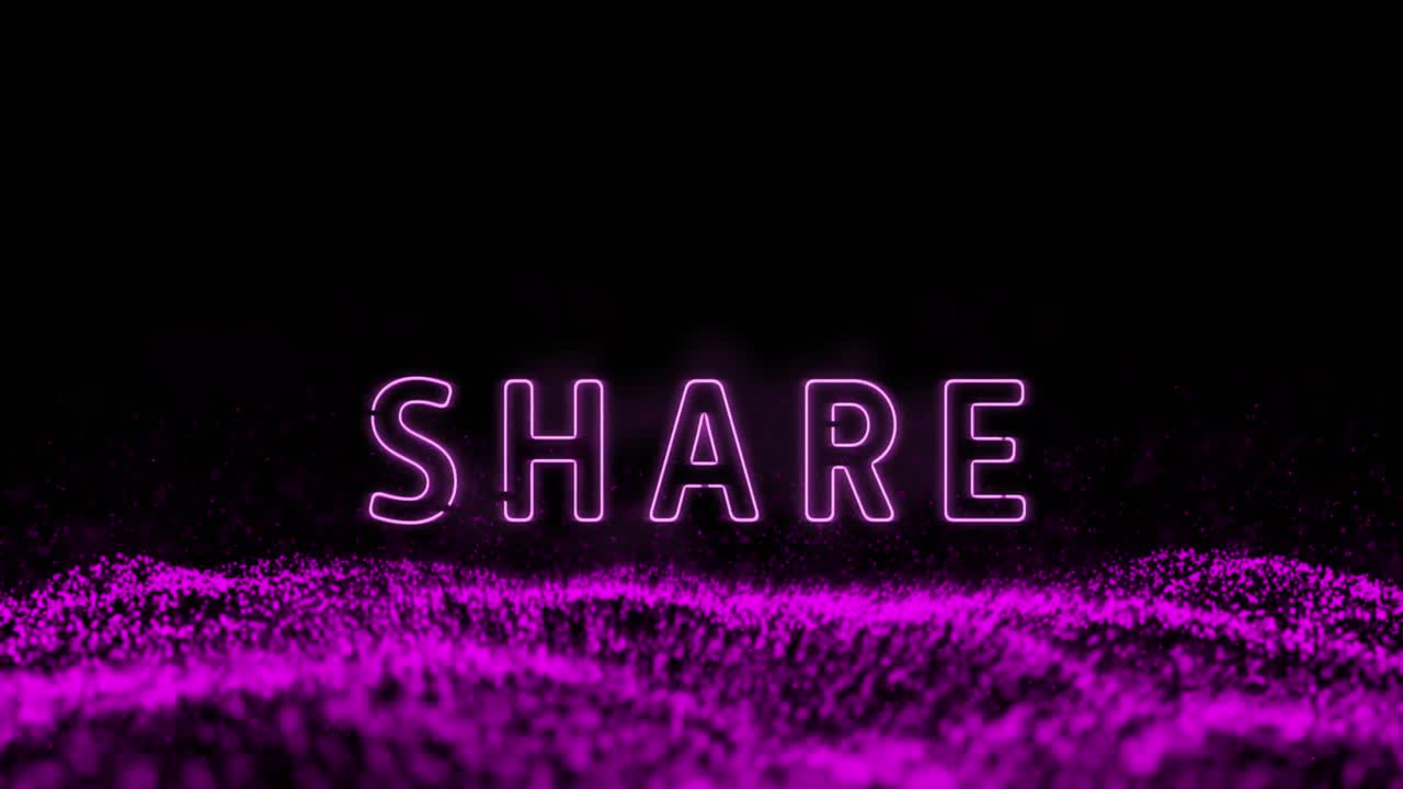 검은색 배경 위에 보라색 빛나는 메쉬로 보라색 네온 텍스트를 공유하는 애니메이션