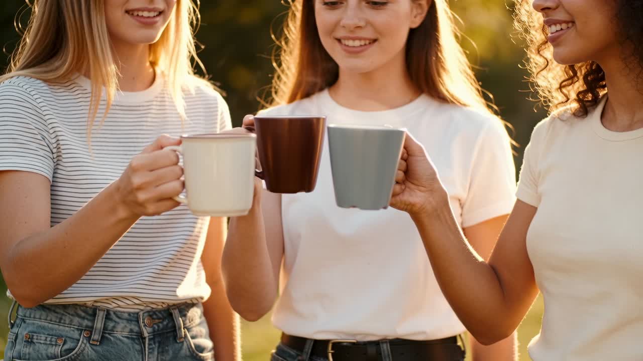 Tre donne in magliette casual che tengono in mano tazze di ceramica e brindano insieme al parco.