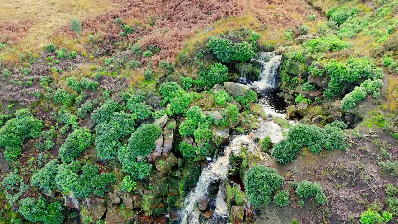 Yorkshire Moors' dazzling waterfall, aerial view captures water flowing over large rocks into a deep blue pool, hikers nearby