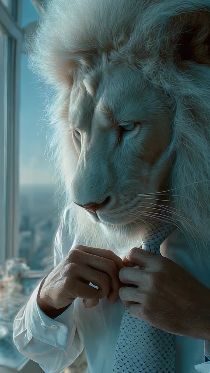 An Unusual Mix of Elegance and Wildness: A Person with a Lion's Head Adjusting a Tie in a Modern High-Rise Setting, Capturing the Essence of Unconventional Style